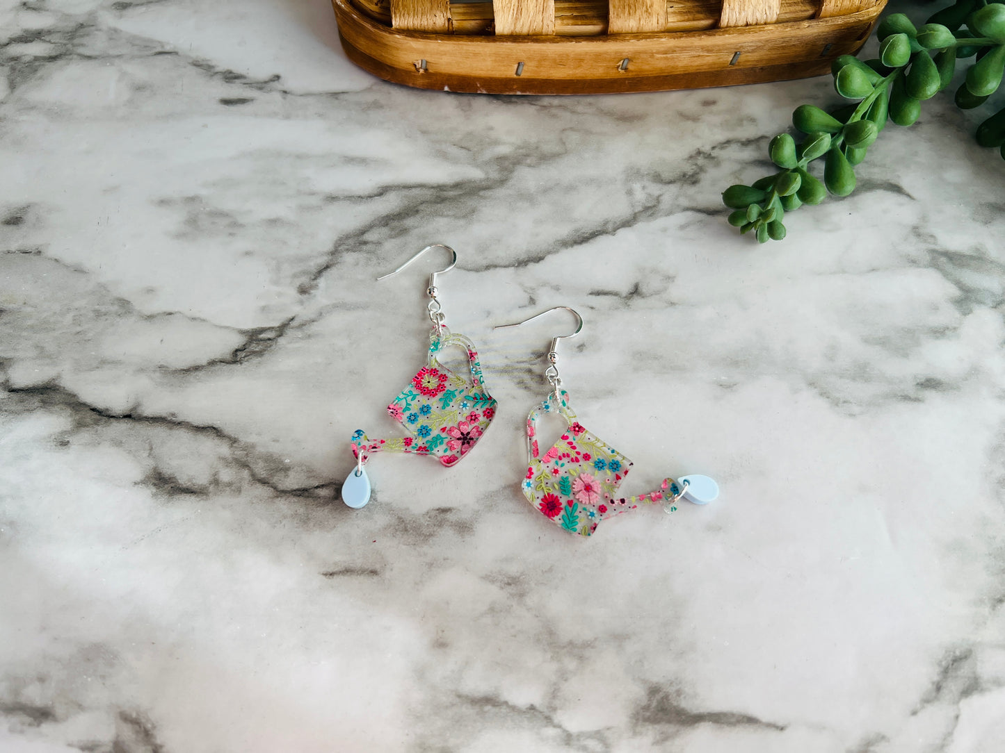 Floral Watering Can Acrylic Earrings