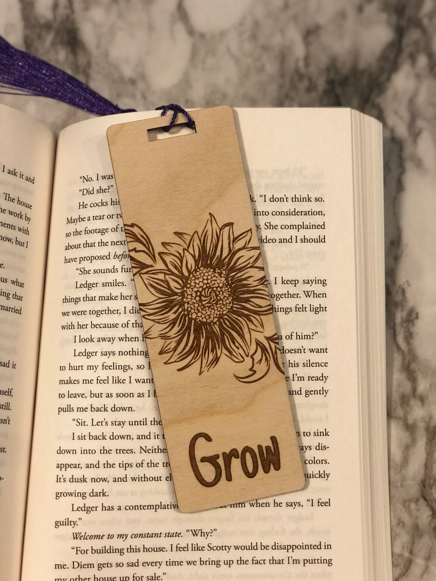 GROW Sunflower Engraved Wooden Bookmark