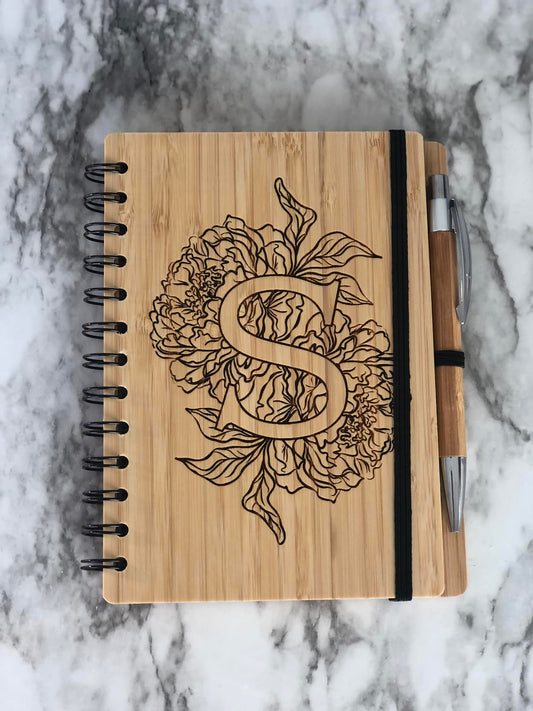 Peony Monogram Initial Bamboo Notebook with Pen
